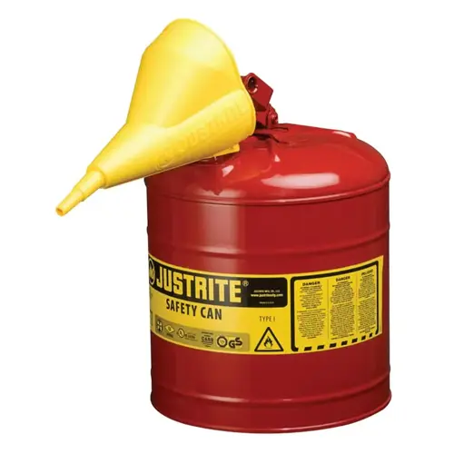 Type l Steel Safety Can, Gas, 2 gal, Red, Includes Poly Funnel/SS Flame Arrestor/Swinging Handle