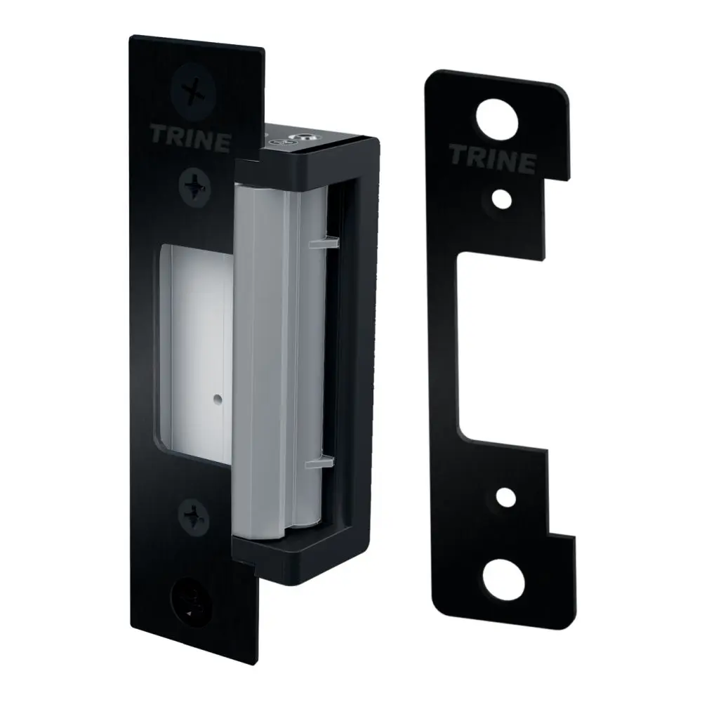 Trine Electric Strike for Cylindrical Locks and Deadlatches with 4 Faceplates of CC and CCRD Black Finish 4300CCBLK Trine Electric Strike for Cylindrical Locks and Deadlatches with 4 Faceplates of CC and CCRD Black Finish 4300CCBLK