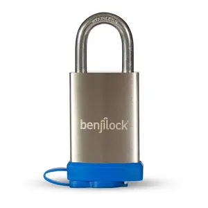 BenjiLock BJL207SS-40 Fingerprint Padlock with Blue Bumper and up to 10 Fingerprints with Stainless Steel Shackle and IP68 Rating Satin Nickel
