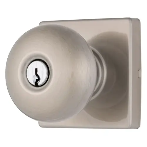 Mendocino Series Keyed Entry Contemporary Ball Knob and Square Rose with 4 Way Adjustable Latch and Round Corner Full Lip Strike Satin Nickel Finish Mendocino Series Keyed Entry Contemporary Ball Knob and Square Rose with 4 Way Adjustable Latch and Round Corner Full Lip Strike Satin Nickel Finish