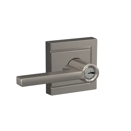 Latitude Lever by Bowery Knob with Upland Rose Keyed Entry Lock C Keyway with 16211 Latch and 10063 Strike Satin Nickel Finish Latitude Lever by Bowery Knob with Upland Rose Keyed Entry Lock C Keyway with 16211 Latch and 10063 Strike Satin Nickel Finish
