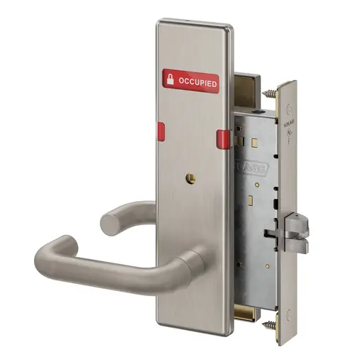 Bed / Bath Privacy Mortise Lock with 03 Lever and N Escutcheon with Vacant / Occupied Indicator Satin Stainless Steel Finish Bed / Bath Privacy Mortise Lock with 03 Lever and N Escutcheon with Vacant / Occupied Indicator Satin Stainless Steel Finish