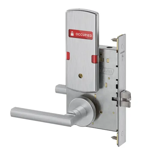 Bed / Bath Privacy Mortise Lock with Latitude Lever and A Rose and L283-722 Privacy Indicator Satin Chrome Finish Bed / Bath Privacy Mortise Lock with Latitude Lever and A Rose and L283-722 Privacy Indicator Satin Chrome Finish