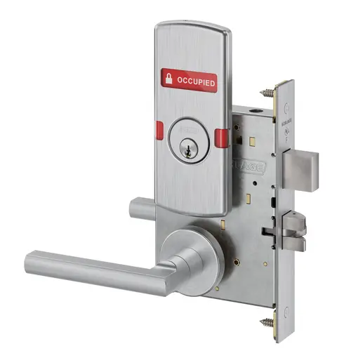 Corridor Mortise Lock C Keyway with Latitude Lever and A Rose with Outside Vacant Occupied Indicator Satin Chrome Finish Corridor Mortise Lock C Keyway with Latitude Lever and A Rose with Outside Vacant Occupied Indicator Satin Chrome Finish