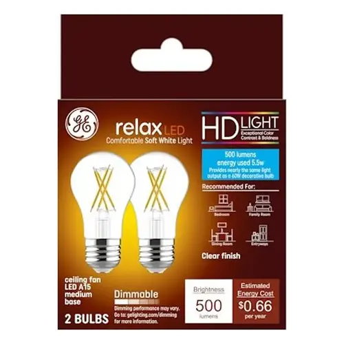Relax Series Ceiling Fan Light Bulb, High-Definition, A15 Lamp, 60 W Equivalent, Medium Lamp Base, Yes, Clear - pack of 2