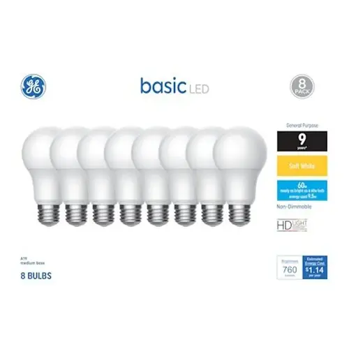 Basic Series Light Bulb, neral-Purpose, A19 Lamp, 60 W Equivalent, E26 Medium Lamp Base, Frosted, Soft White