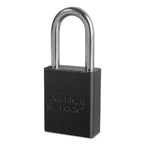 1-1/2 In. Wide Aluminum Body, 1-1/2 In. Tall 1/4 In. Diameter Hardened Steel Shackle, 5 Pin Cylinder, Black 1-1/2 In. Wide Aluminum Body, 1-1/2 In. Tall 1/4 In. Diameter Hardened Steel Shackle, 5 Pin Cylinder, Black