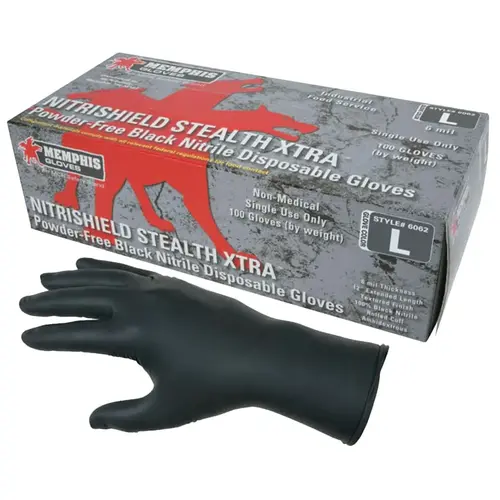 Nitrile Disposable Gloves, NitriShield Stealth Xtra , Rolled Cuff, Unlined, Large, Black, 6 mil Thick - pack of 100 Nitrile Disposable Gloves, NitriShield Stealth Xtra , Rolled Cuff, Unlined, Large, Black, 6 mil Thick - pack of 100