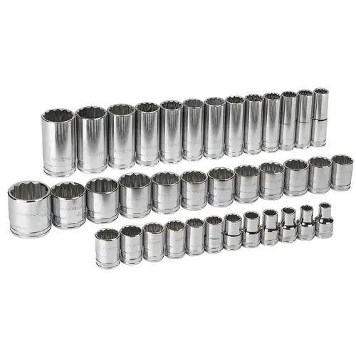 Socket Set, 1/2 in Dr, 12-point, Metric, 9 mm to 36 mm Std/14 mm to 32 mm Deep, 37-Pc Deep/Std L, Incl Plastic Tray Socket Set, 1/2 in Dr, 12-point, Metric, 9 mm to 36 mm Std/14 mm to 32 mm Deep, 37-Pc Deep/Std L, Incl Plastic Tray