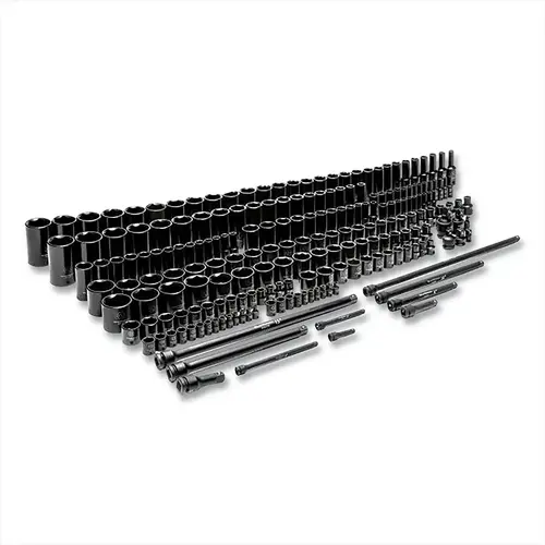 Impact Socket Set, 1/4 in, 3/8 in, 1/2 in Dr, 6-point, SAE/Metric, 3/16 in to 36 mm, 209-Pc Deep/Standard Lengths