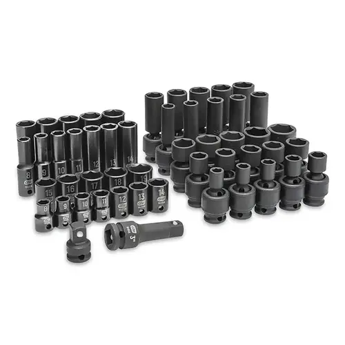 Impact Socket Set, 3/8 in Dr, 6-point, Metric, 8 mm to 19 mm, 51-Pc Deep/Standard Lengths, Incl Blow Mold Case