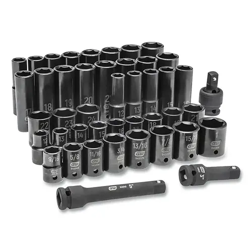 Impact Socket Set, 1/4 in, 3/8 in, 1/2 in Dr, 6-point, SAE/Metric, 1 in to 24 mm, 44-Pc Deep/Standard Lengths Impact Socket Set, 1/4 in, 3/8 in, 1/2 in Dr, 6-point, SAE/Metric, 1 in to 24 mm, 44-Pc Deep/Standard Lengths