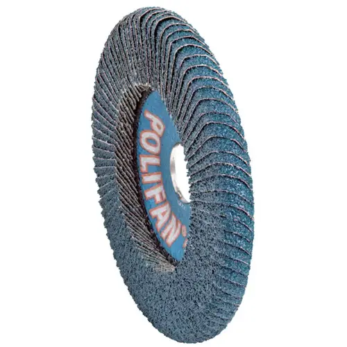POLIFAN Z SGP Curve Steelox Flap Disc, 5 in dia x7/8 in Arbor, 40 Grit, Zirconia, 12200 RPM, Medium Radius POLIFAN Z SGP Curve Steelox Flap Disc, 5 in dia x7/8 in Arbor, 40 Grit, Zirconia, 12200 RPM, Medium Radius