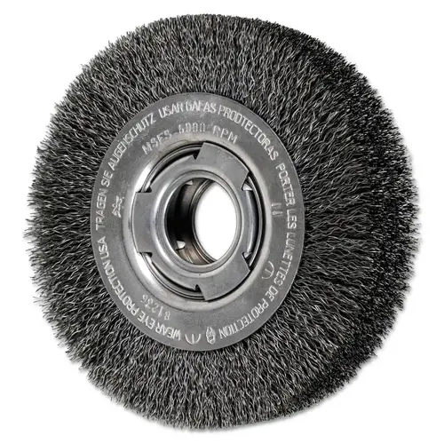 Wide Face Crimped Wire Wheel Brush, 6 D x 1 1/8 W, .014 Carbon Wire, 6,000 rpm Wide Face Crimped Wire Wheel Brush, 6 D x 1 1/8 W, .014 Carbon Wire, 6,000 rpm