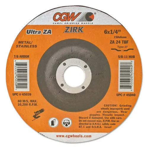Depressed Center Wheel, Type 27, 9 in Dia, 1/4 in Thick, 24 Grit, Zirconia Alum Oxide - pack of 10 Depressed Center Wheel, Type 27, 9 in Dia, 1/4 in Thick, 24 Grit, Zirconia Alum Oxide - pack of 10