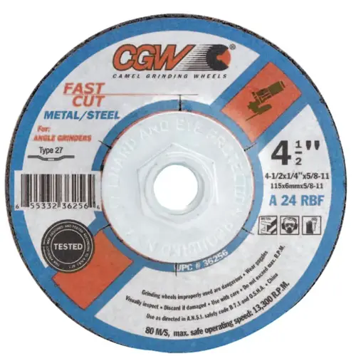 Depressed Center Wheel, 4 1/2 in Dia, 1/4 in Thick, 24 Grit, Alum. Oxide Gray - pack of 25 Depressed Center Wheel, 4 1/2 in Dia, 1/4 in Thick, 24 Grit, Alum. Oxide Gray - pack of 25