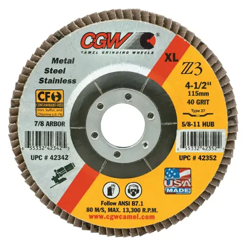 Premium Z3 XL T27 Flap Disc, 4-1/2 in dia, 40 Grit, 7/8 Arbor, 13300 rpm - pack of 10 Premium Z3 XL T27 Flap Disc, 4-1/2 in dia, 40 Grit, 7/8 Arbor, 13300 rpm - pack of 10