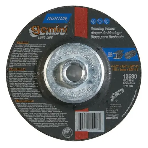 Gemini Type 27 Grinding and Cutting Wheel, 4-1/2 in dia x 1/4 in T x 5/8 in-11 Arbor Hole, AO Black - pack of 10 Gemini Type 27 Grinding and Cutting Wheel, 4-1/2 in dia x 1/4 in T x 5/8 in-11 Arbor Hole, AO Black - pack of 10