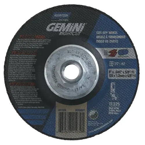 Gemini RightCut Right Angle Cut-Off Wheel, Type 27, Aluminum Oxide, 4-1/2 in x 3/32 in x 5/8 -11, 24 Grit Gemini RightCut Right Angle Cut-Off Wheel, Type 27, Aluminum Oxide, 4-1/2 in x 3/32 in x 5/8 -11, 24 Grit