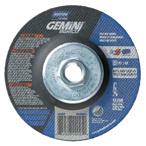 Gemini RightCut Right Angle Cut-Off Wheel, Type 27/42, 4-1/2 in dia x 0.045 in Thick x 5/8 in-11 Arbor, 1 EA/EA Gemini RightCut Right Angle Cut-Off Wheel, Type 27/42, 4-1/2 in dia x 0.045 in Thick x 5/8 in-11 Arbor, 1 EA/EA
