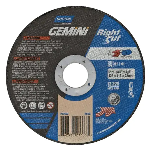 Gemini RightCut Right Angle Cut-Off Wheel, Type 01/41, 5 in dia x 0.045 in Thick x 7/8 in Arbor, 25 EA/BOX Gemini RightCut Right Angle Cut-Off Wheel, Type 01/41, 5 in dia x 0.045 in Thick x 7/8 in Arbor, 25 EA/BOX