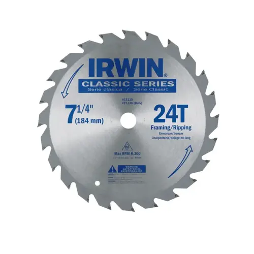 Circular Saw Blade, 7-1/4 in Dia, 5/8 in Arbor, 24-Teeth, Carbide Cutting Edge Silver Circular Saw Blade, 7-1/4 in Dia, 5/8 in Arbor, 24-Teeth, Carbide Cutting Edge Silver