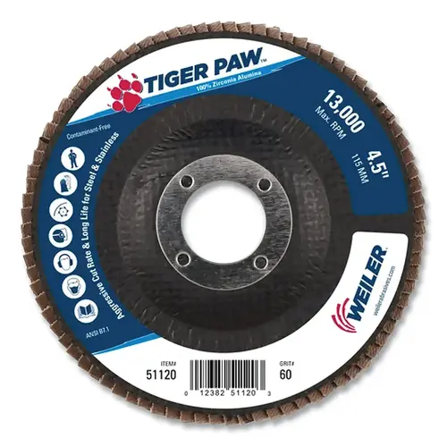 Tiger Paw TY29 Coated Abrasive Flap Disc, 4-1/2 in, 60 Grit, 7/8 Arbor, 13,000 RPM - pack of 10 Tiger Paw TY29 Coated Abrasive Flap Disc, 4-1/2 in, 60 Grit, 7/8 Arbor, 13,000 RPM - pack of 10