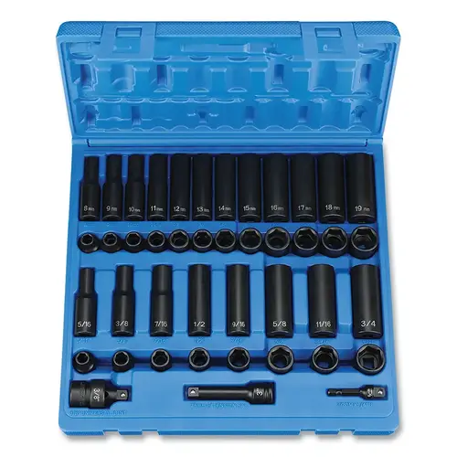 Impact Socket Set, 3/8 in Dr, Metric/SAE, 6-point, 5/16 in to 3/4 in and 8 mm to 19 mm, 43-Pc STD/Deep Lengths Master Impact Socket Set, 3/8 in Dr, Metric/SAE, 6-point, 5/16 in to 3/4 in and 8 mm to 19 mm, 43-Pc STD/Deep Lengths Master