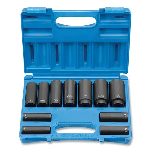 Impact Socket Set, 1/2 in Dr, SAE, 8-point, 1/2 in to 1-1/8 in, 11-Pc Deep Length Impact Socket Set, 1/2 in Dr, SAE, 8-point, 1/2 in to 1-1/8 in, 11-Pc Deep Length