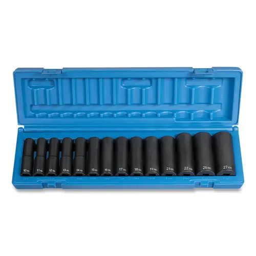 Impact Socket Set, 1/2 in Drive, Metric, 6-point, 10 mm to 27 mm, 14-Pc Deep Length Impact Socket Set, 1/2 in Drive, Metric, 6-point, 10 mm to 27 mm, 14-Pc Deep Length