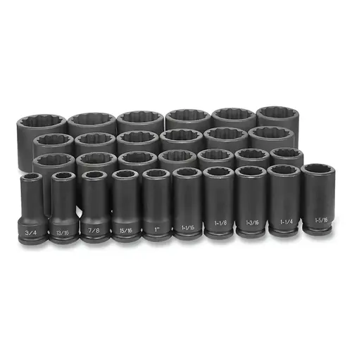 Impact Socket Set, 3/4 in Dr, SAE, 12-point, 3/4 in to 2-1/2 in, 29-Pc Deep Length Master Impact Socket Set, 3/4 in Dr, SAE, 12-point, 3/4 in to 2-1/2 in, 29-Pc Deep Length Master