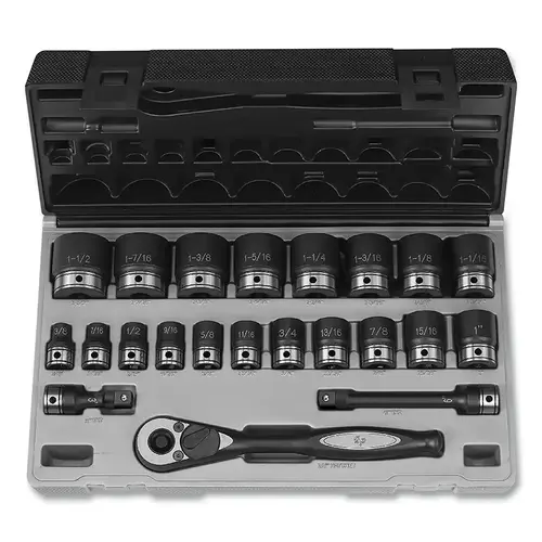 Duo-Socket Impact Socket Set, 1/2 in Dr, 6-pt, Std, Incl (19) SAE SKTs/Ratchet/Exts/Case, 22 Pc Duo-Socket Impact Socket Set, 1/2 in Dr, 6-pt, Std, Incl (19) SAE SKTs/Ratchet/Exts/Case, 22 Pc