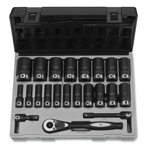 Duo-Socket  Impact Socket Set, 1/2 in Dr, 6-pt, Deep, Incl (19) SAE SKTs/Ratchet/Exts/Case, 22 Pc