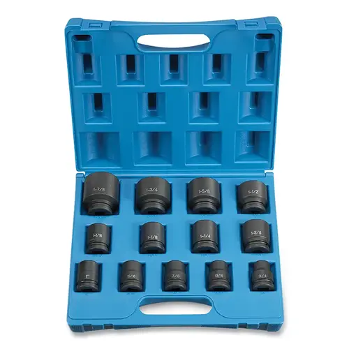 Impact Socket Set, 3/4 in Dr, SAE, 12-point, 3/4 in to 1-7/8 in, 13-Pc STD Length Impact Socket Set, 3/4 in Dr, SAE, 12-point, 3/4 in to 1-7/8 in, 13-Pc STD Length