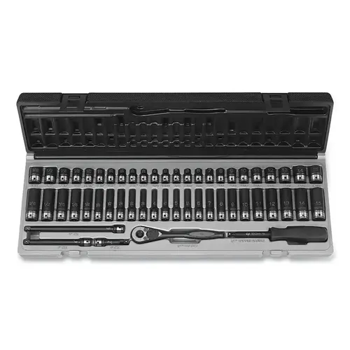 Duo-Socket Impact Socket Set, 1/4 in Dr, 6-pt, Deep/Std, Incl (20) SAE/(28) Metric SKTs/Ratchet/Exts/Spinner/Case, 53 Pc Duo-Socket Impact Socket Set, 1/4 in Dr, 6-pt, Deep/Std, Incl (20) SAE/(28) Metric SKTs/Ratchet/Exts/Spinner/Case, 53 Pc