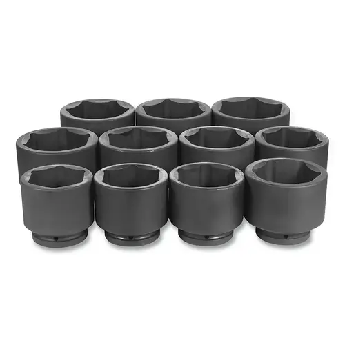 Impact Socket Set, 1 in Drive, SAE, 6-point, 3-1/8 in to 4-1/2 in, 11-Pc STD Length Impact Socket Set, 1 in Drive, SAE, 6-point, 3-1/8 in to 4-1/2 in, 11-Pc STD Length