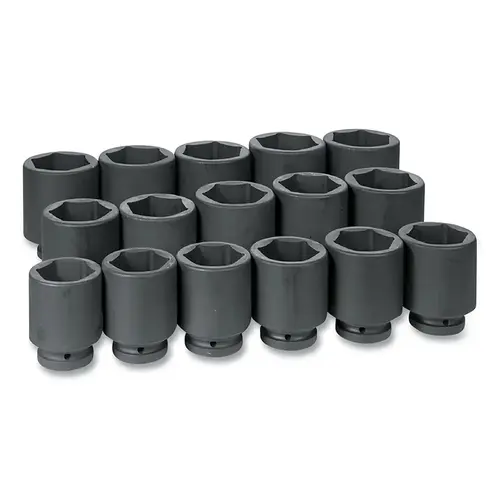 Impact Socket Set, 1 in Drive, SAE, 6-point, 2-1/16 in to 3 in, 16-Pc Deep Length Impact Socket Set, 1 in Drive, SAE, 6-point, 2-1/16 in to 3 in, 16-Pc Deep Length