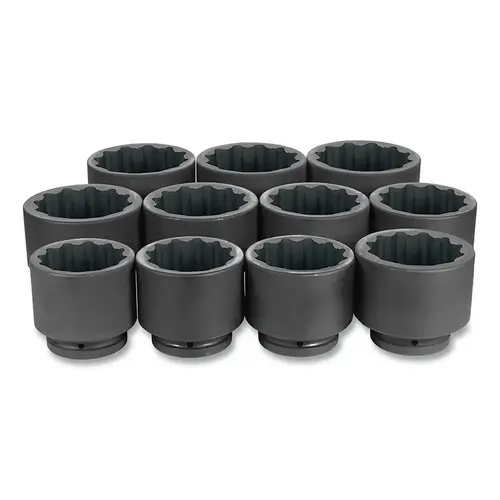 Impact Socket Set, 1 in Dr, SAE, 12-point, 3-1/8 in to 4-1/2 in, 11-Pc STD Length Impact Socket Set, 1 in Dr, SAE, 12-point, 3-1/8 in to 4-1/2 in, 11-Pc STD Length