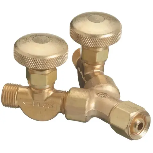 Valved Y Connection, 200 psig, Brass, B-Size (F) to B-Size (M), 9/16 in-18 (F) Valved Y Connection, 200 psig, Brass, B-Size (F) to B-Size (M), 9/16 in-18 (F)