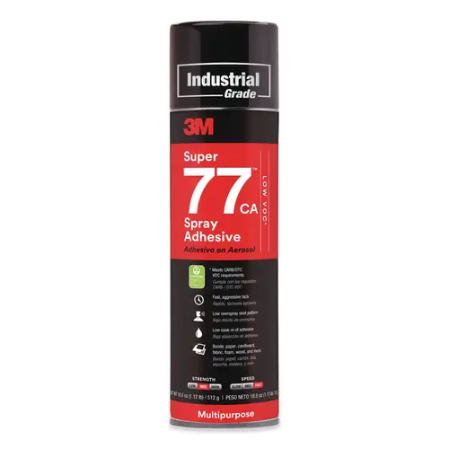 Super 77  Mult-Purpose Spray Adhesive, CA, Low VOC, 18 oz, Aerosol Can, Clear, Contains 1,1-Difluoroethane - pack of 12