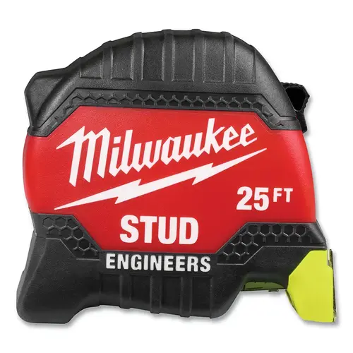 STUD Tape Measure, 25 ft, SAE, Two-Sided Printing, Engineer Scale, Hi-Vis Blade, Red/Black STUD Tape Measure, 25 ft, SAE, Two-Sided Printing, Engineer Scale, Hi-Vis Blade, Red/Black