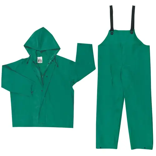 Two-Piece Rain Suit, Jacket w/Hood, Bib Pants, 0.42 mm PVC/Poly, Green, 6X-Large Two-Piece Rain Suit, Jacket w/Hood, Bib Pants, 0.42 mm PVC/Poly, Green, 6X-Large