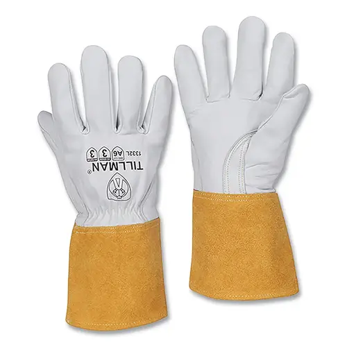 TIG Welding Gloves, 1332, Top Gr Goatskin Palm/BOH/Cuff, Sm, Pearl/Bourbon Brn, 4 in L Shirred Cuff