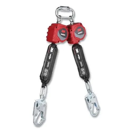 PROTECTA Personal Self Retracting Lifeline, 6 ft, Web, Single Pin Top Connector, Swivel Snap Hook, 310 lb, Twin Leg Red PROTECTA Personal Self Retracting Lifeline, 6 ft, Web, Single Pin Top Connector, Swivel Snap Hook, 310 lb, Twin Leg Red