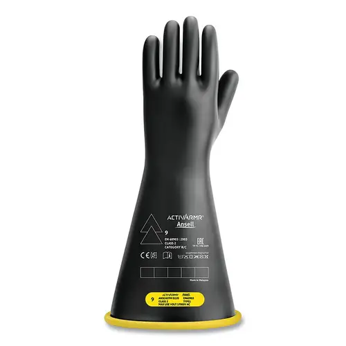 RIG Electrical Insulating Gloves, 16 in L, Class 2, Size 10, Black/Yellow Pair RIG Electrical Insulating Gloves, 16 in L, Class 2, Size 10, Black/Yellow Pair