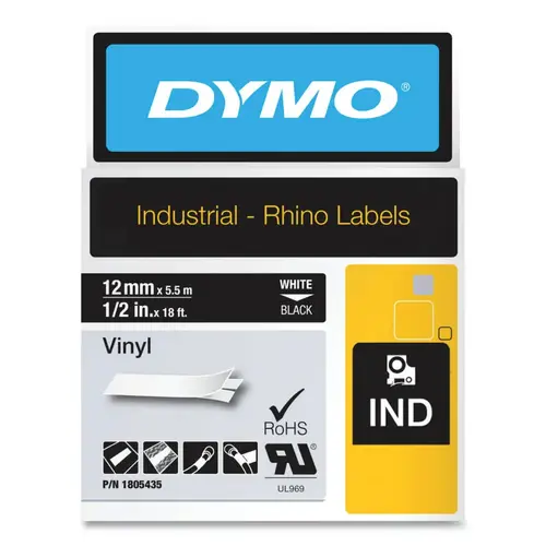 Industrial Rhino  Vinyl Label Cartridge, 1/2 in W x 18 ft L, White Print on Black Background