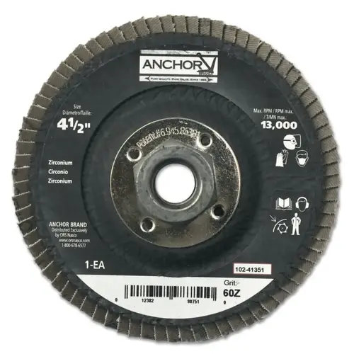 Abrasive Flap Disc, 4-1/2 in dia, 60 Grit, 7/8 in arbor, 12000 RPM, Type 27 Blue; White - pack of 10 Abrasive Flap Disc, 4-1/2 in dia, 60 Grit, 7/8 in arbor, 12000 RPM, Type 27 Blue; White - pack of 10