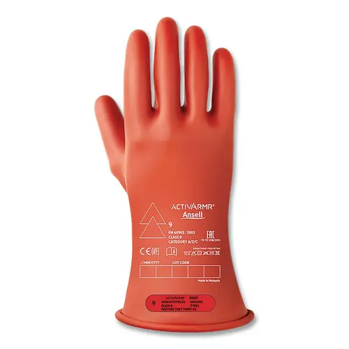 RIG Electrical Insulating Gloves, 11 in L, Class 0, Size 9, Red Pair RIG Electrical Insulating Gloves, 11 in L, Class 0, Size 9, Red Pair