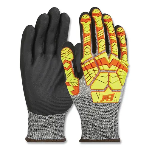 PolyKor Seamless Knit Coated Gloves, Impact Protection, Nitrile Foam Grip, Large, Hi-Vis Orange/Yellow, Salt and Pepper - 2 per pack x6 packs PolyKor Seamless Knit Coated Gloves, Impact Protection, Nitrile Foam Grip, Large, Hi-Vis Orange/Yellow, Salt and Pepper - 2 per pack x6 packs