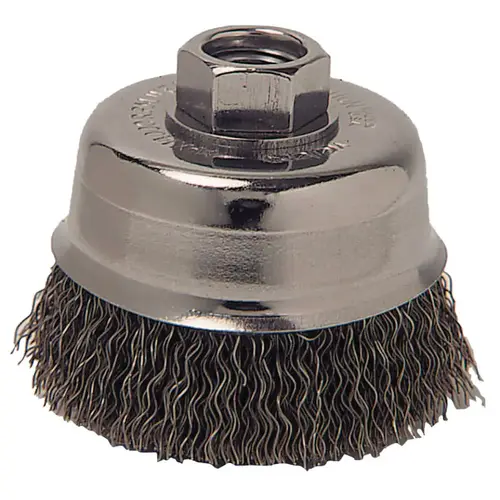 Crimped Wire Cup Brush, 3 in Dia, 5/8 in-11 Arbor, 0.012 in Carbon Steel Crimped Wire Cup Brush, 3 in Dia, 5/8 in-11 Arbor, 0.012 in Carbon Steel